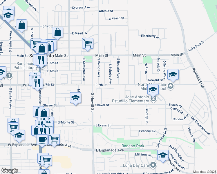 map of restaurants, bars, coffee shops, grocery stores, and more near 653 Carmen Drive in San Jacinto