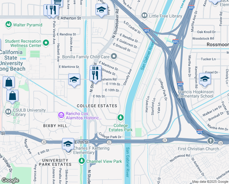 map of restaurants, bars, coffee shops, grocery stores, and more near 6880 East 10th Street in Long Beach