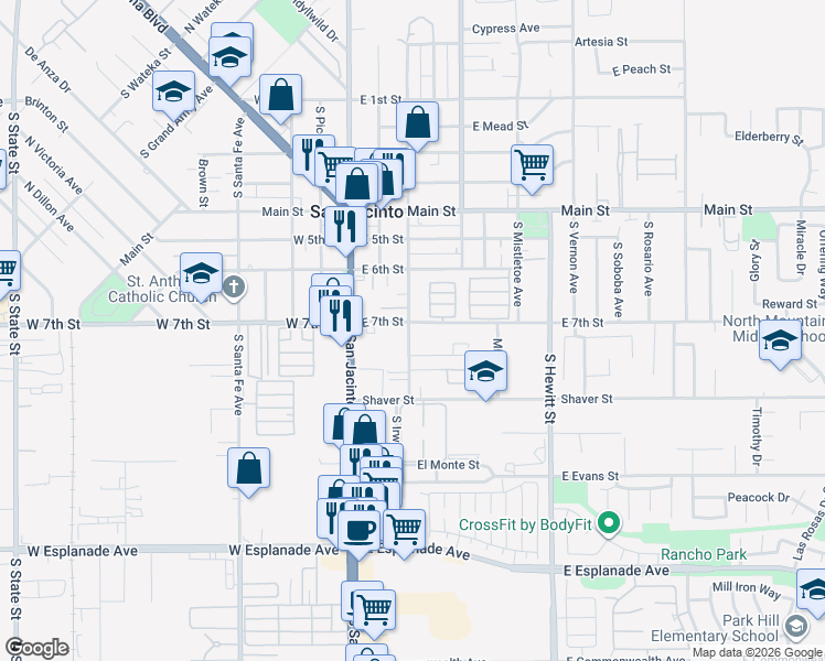 map of restaurants, bars, coffee shops, grocery stores, and more near 306 East 7th Street in San Jacinto