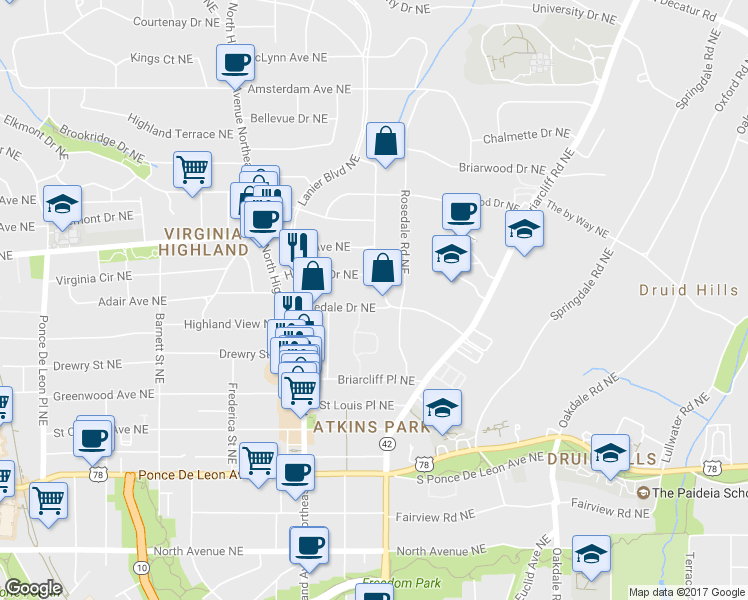 map of restaurants, bars, coffee shops, grocery stores, and more near 1156 Rosedale Drive Northeast in Atlanta