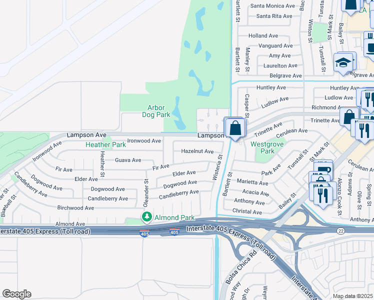 map of restaurants, bars, coffee shops, grocery stores, and more near 4801 Hazelnut Avenue in Seal Beach