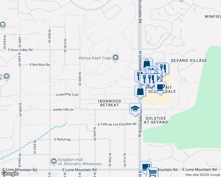 map of restaurants, bars, coffee shops, grocery stores, and more near 7007 East Thirsty Cactus Lane in Scottsdale