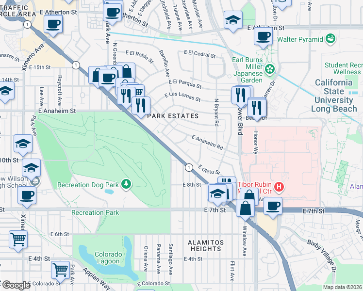 map of restaurants, bars, coffee shops, grocery stores, and more near 1100 Ramillo Avenue in Long Beach