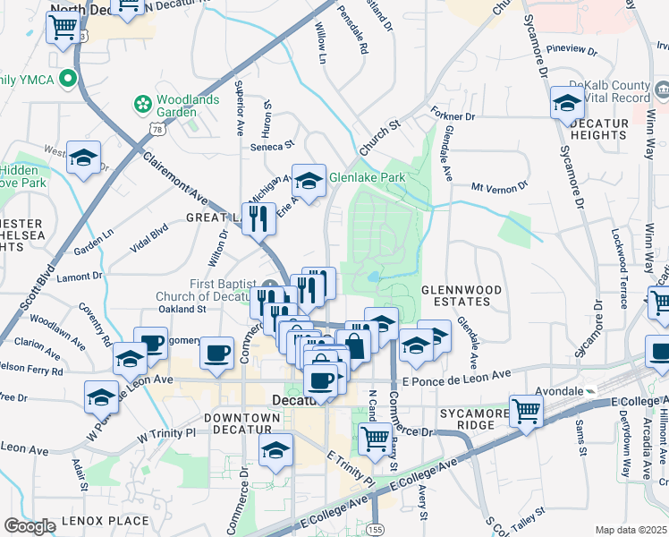 map of restaurants, bars, coffee shops, grocery stores, and more near 903 Church Street in Decatur