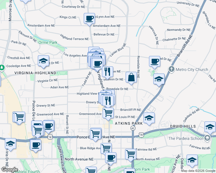map of restaurants, bars, coffee shops, grocery stores, and more near 1060 Rosedale Drive Northeast in Atlanta