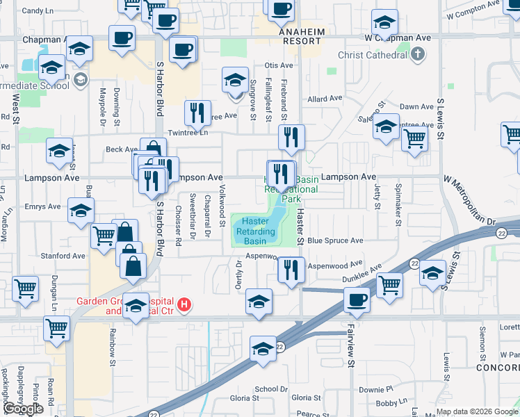 map of restaurants, bars, coffee shops, grocery stores, and more near in Garden Grove