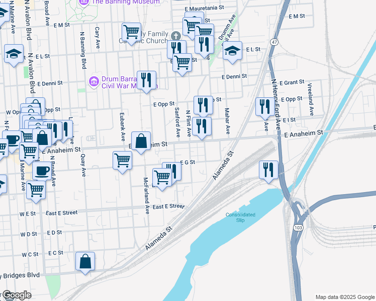 map of restaurants, bars, coffee shops, grocery stores, and more near 727 North Flint Avenue in Los Angeles