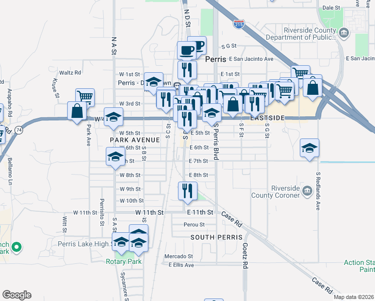 map of restaurants, bars, coffee shops, grocery stores, and more near in Perris