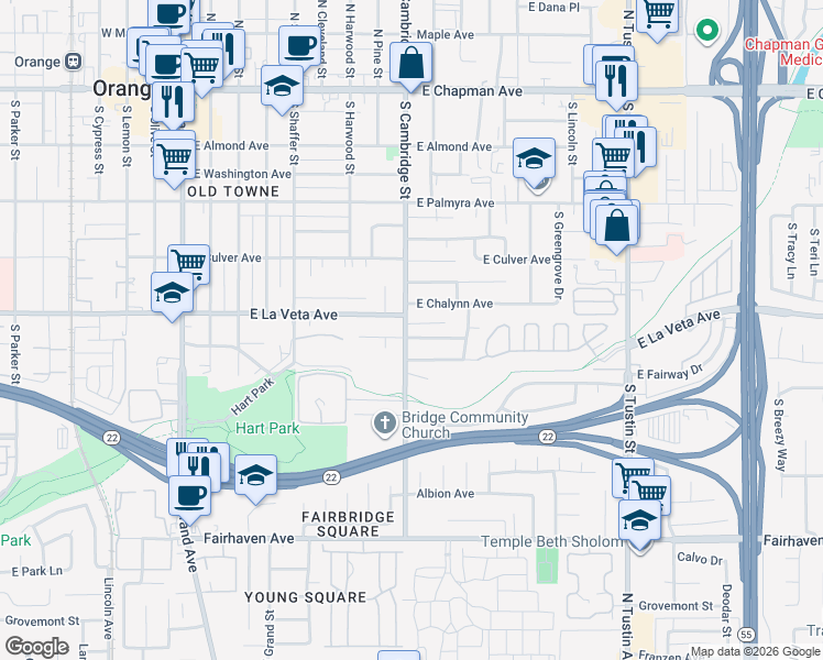 map of restaurants, bars, coffee shops, grocery stores, and more near 841 East Tularosa Avenue in Orange