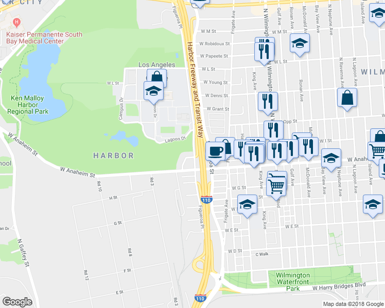 map of restaurants, bars, coffee shops, grocery stores, and more near 1423 West I Street in Los Angeles