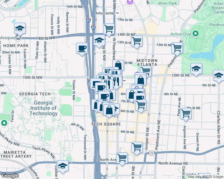 map of restaurants, bars, coffee shops, grocery stores, and more near 950 West Peachtree Street Northwest in Atlanta