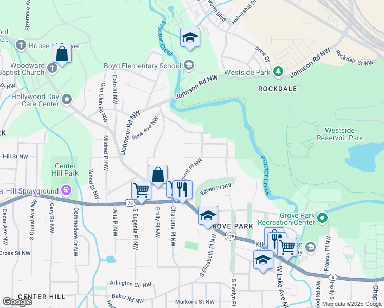 map of restaurants, bars, coffee shops, grocery stores, and more near 1901 Newman Place Northwest in Atlanta
