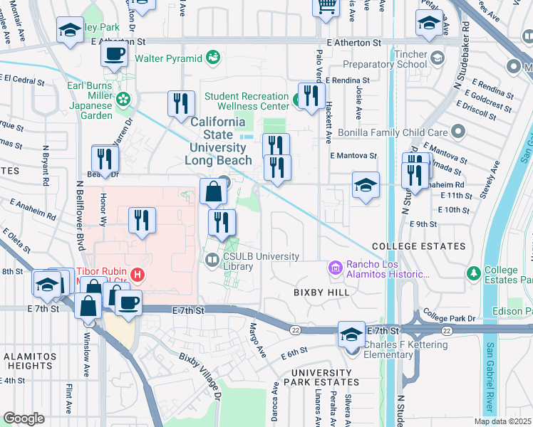 map of restaurants, bars, coffee shops, grocery stores, and more near 925 Hillside Drive in Long Beach