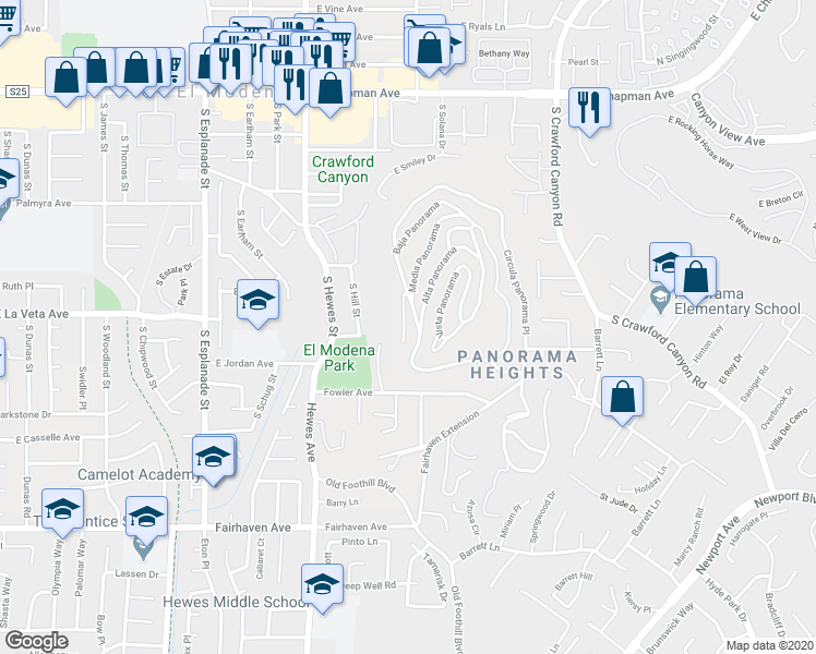 map of restaurants, bars, coffee shops, grocery stores, and more near 12274 Circula Panorama in Santa Ana