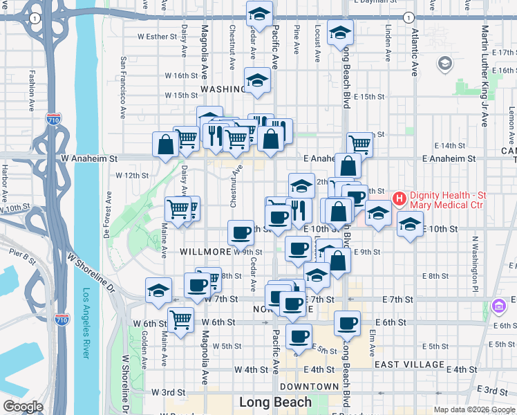 map of restaurants, bars, coffee shops, grocery stores, and more near 1053 Cedar Avenue in Long Beach