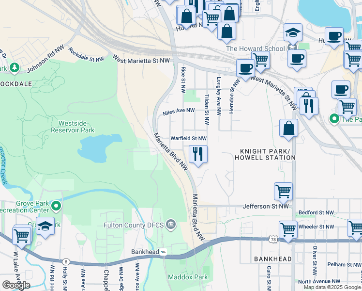 map of restaurants, bars, coffee shops, grocery stores, and more near 920 Rice Street Northwest in Atlanta