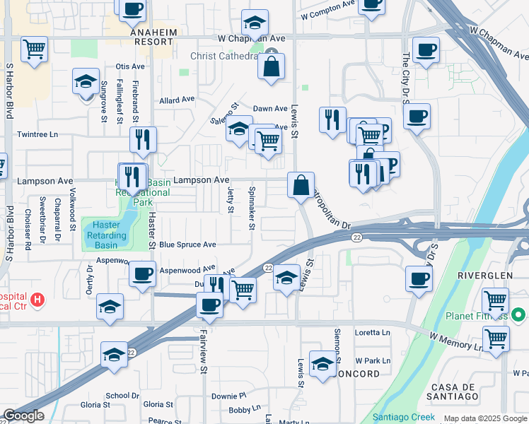 map of restaurants, bars, coffee shops, grocery stores, and more near 12612 Spinnaker Street in Garden Grove