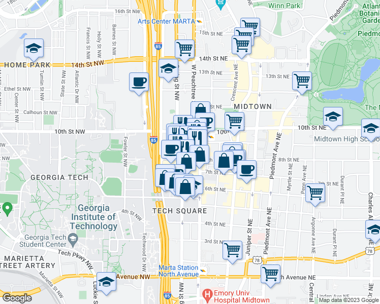map of restaurants, bars, coffee shops, grocery stores, and more near 950 West Peachtree Street Northwest in Atlanta