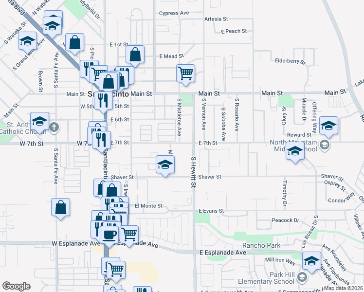 map of restaurants, bars, coffee shops, grocery stores, and more near 510 East 7th Street in San Jacinto