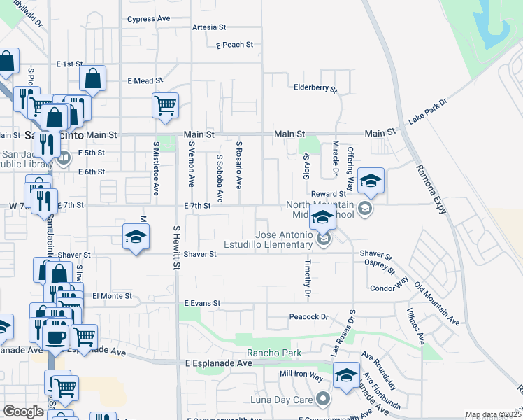 map of restaurants, bars, coffee shops, grocery stores, and more near 790 East 7th Street in San Jacinto