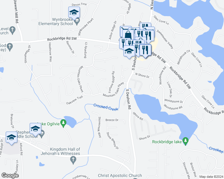 map of restaurants, bars, coffee shops, grocery stores, and more near 594 Fortune Ridge Road in Stone Mountain