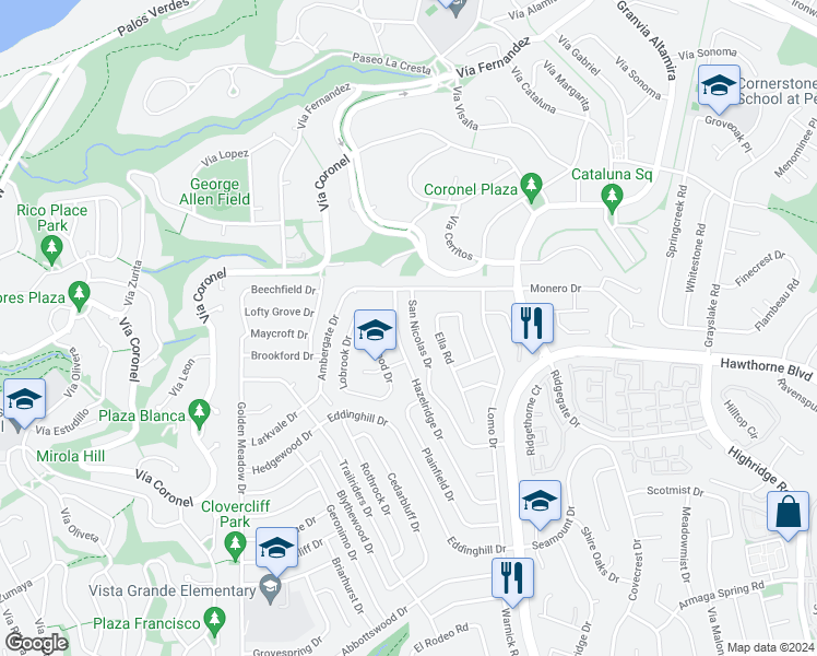 map of restaurants, bars, coffee shops, grocery stores, and more near 28011 San Nicolas Drive in Rancho Palos Verdes
