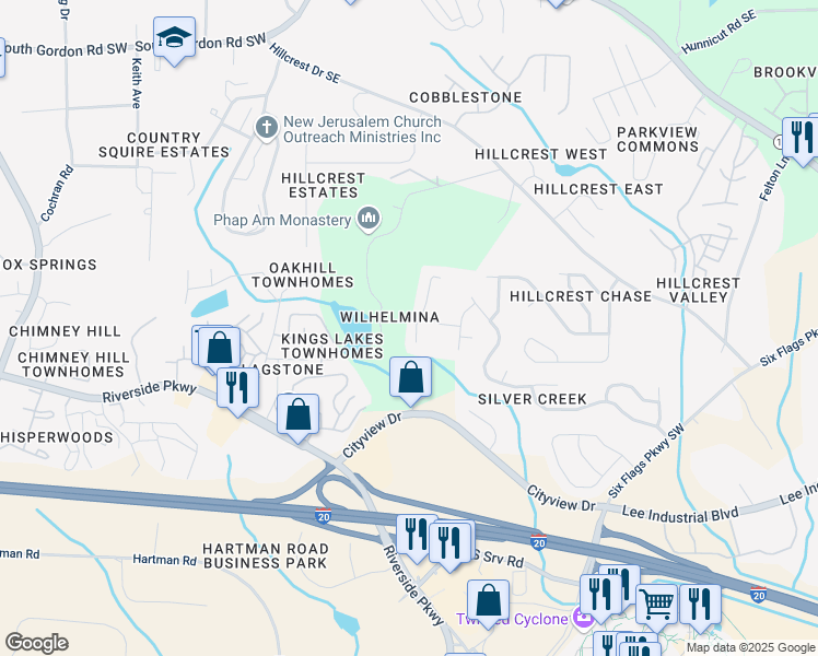 map of restaurants, bars, coffee shops, grocery stores, and more near 6932 Silver Bend Place Southeast in Austell