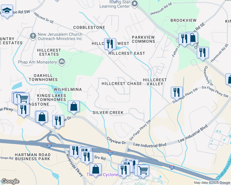 map of restaurants, bars, coffee shops, grocery stores, and more near 340 Alderman Trace Southwest in Austell