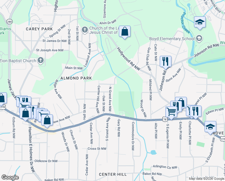 map of restaurants, bars, coffee shops, grocery stores, and more near 919 North Grand Avenue Northwest in Atlanta