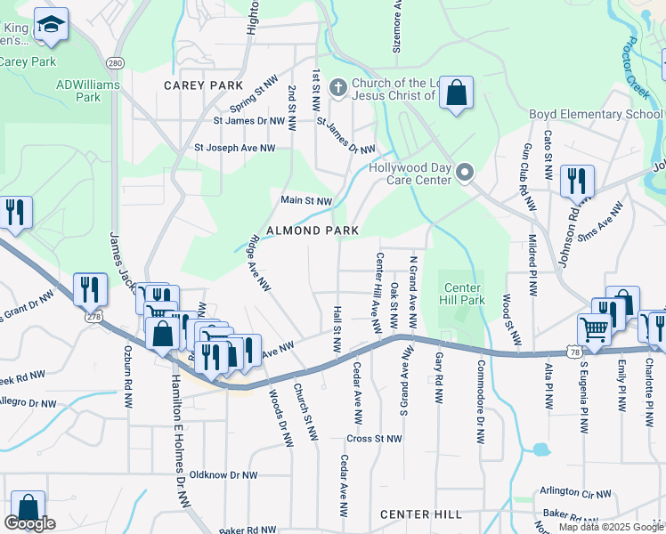 map of restaurants, bars, coffee shops, grocery stores, and more near 914 Hall Street Northwest in Atlanta