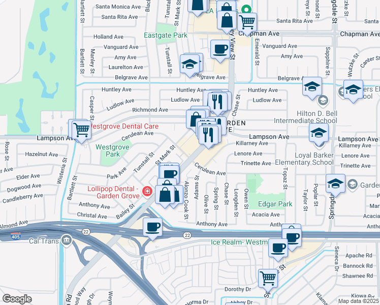 map of restaurants, bars, coffee shops, grocery stores, and more near 12571 Valley View St in Garden Grove