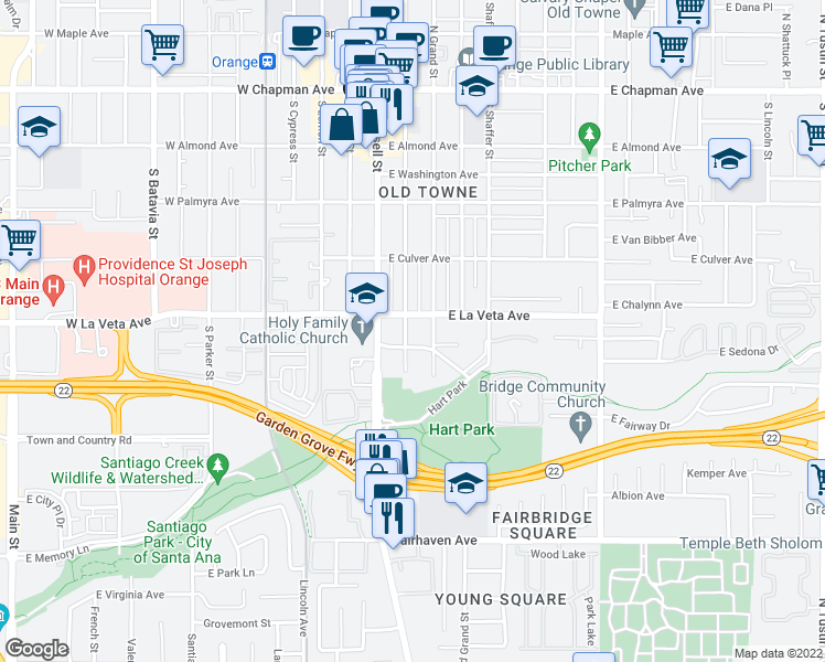 map of restaurants, bars, coffee shops, grocery stores, and more near 535 South Orange Street in Orange