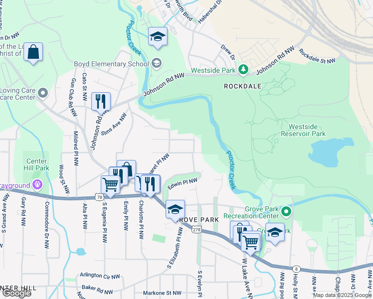 map of restaurants, bars, coffee shops, grocery stores, and more near 1801 Newman Place Northwest in Atlanta