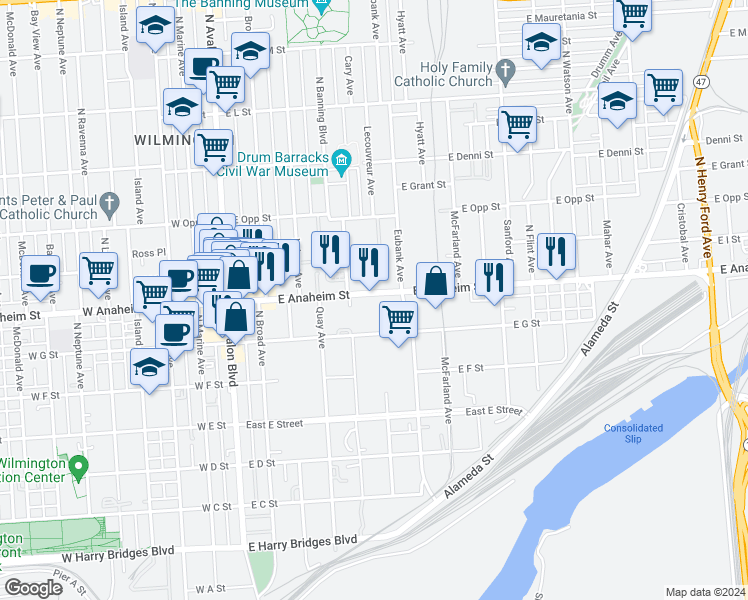 map of restaurants, bars, coffee shops, grocery stores, and more near 558 East Anaheim Street in Los Angeles