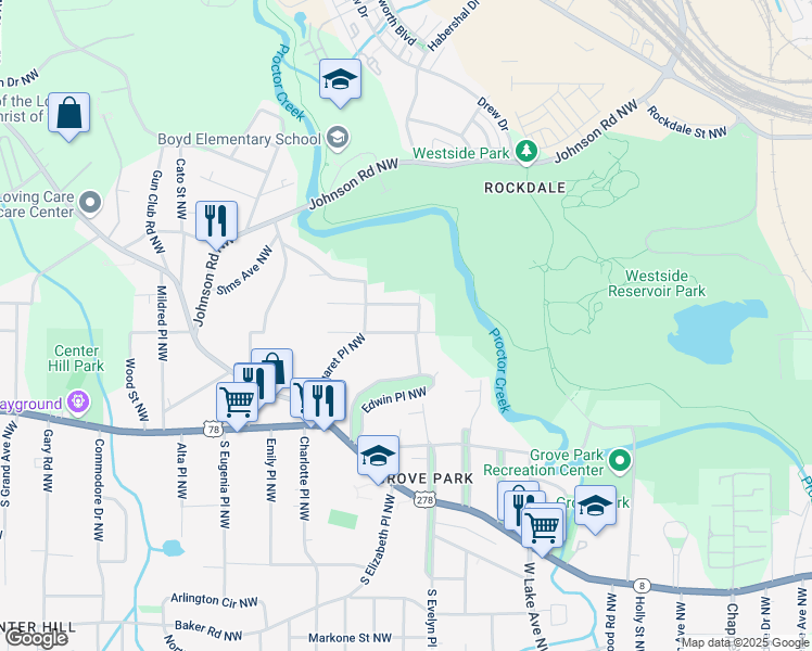 map of restaurants, bars, coffee shops, grocery stores, and more near 1797 Newman Place Northwest in Atlanta