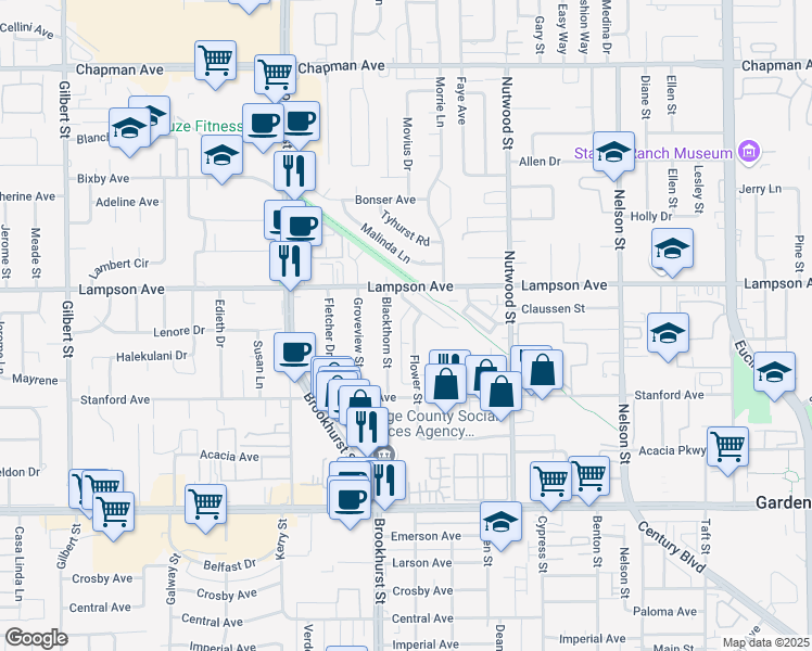 map of restaurants, bars, coffee shops, grocery stores, and more near 12581 Flower Street in Garden Grove