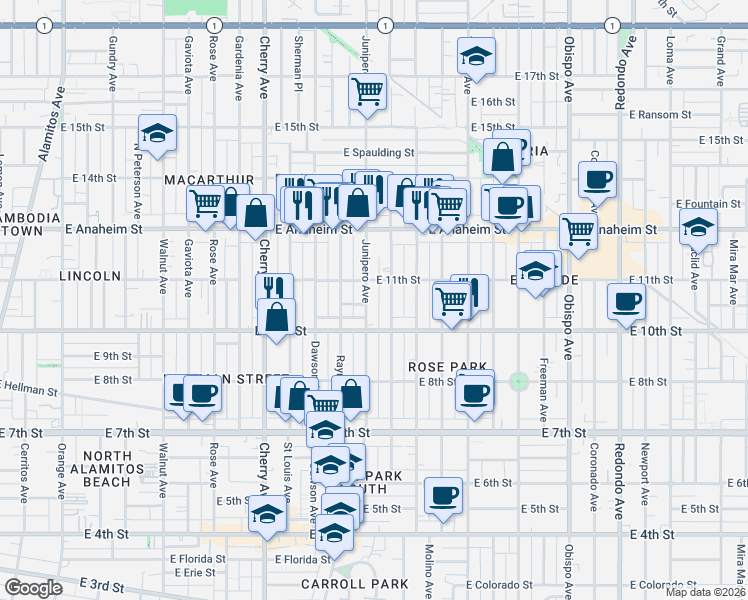 map of restaurants, bars, coffee shops, grocery stores, and more near 1056 Junipero Avenue in Long Beach