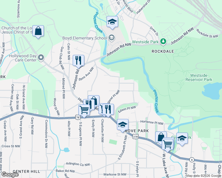 map of restaurants, bars, coffee shops, grocery stores, and more near 1911 Newman Place Northwest in Atlanta