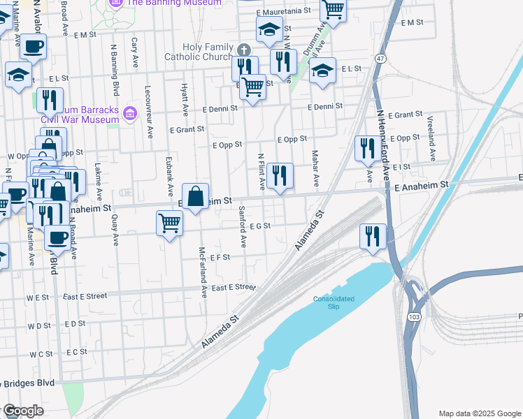 map of restaurants, bars, coffee shops, grocery stores, and more near 731 North Flint Avenue in Los Angeles
