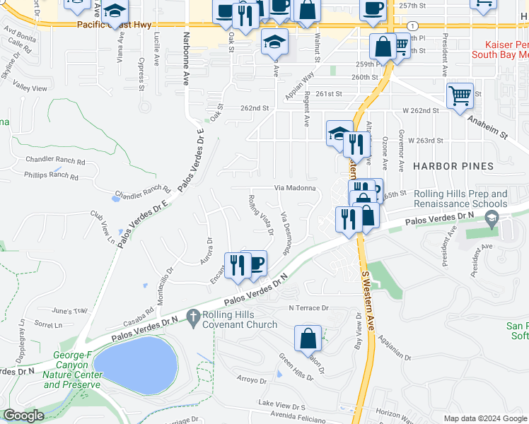 map of restaurants, bars, coffee shops, grocery stores, and more near 26530 Rolling Vista Drive in Lomita