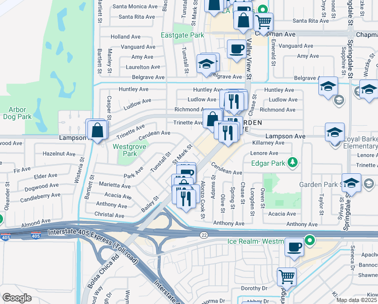 map of restaurants, bars, coffee shops, grocery stores, and more near 12572 Saint Mark Street in Garden Grove