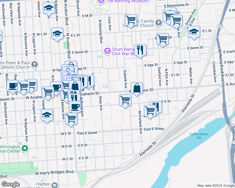 map of restaurants, bars, coffee shops, grocery stores, and more near 620 E Anaheim St in Wilmington