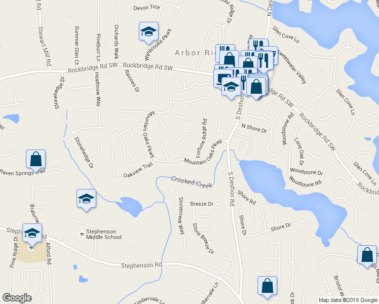 map of restaurants, bars, coffee shops, grocery stores, and more near 6895 Old Fox Trail in Stone Mountain