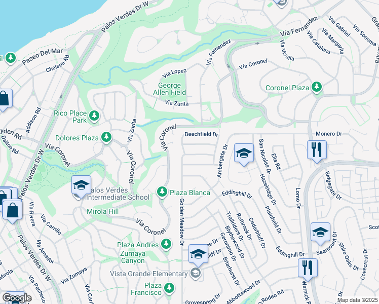 map of restaurants, bars, coffee shops, grocery stores, and more near 7017 Maycroft Drive in Rancho Palos Verdes