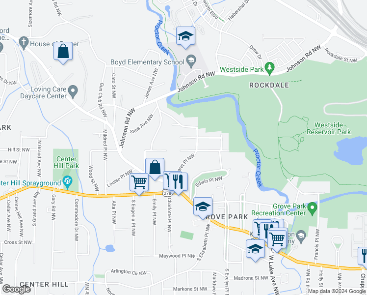 map of restaurants, bars, coffee shops, grocery stores, and more near 1891 Newman Place Northwest in Atlanta
