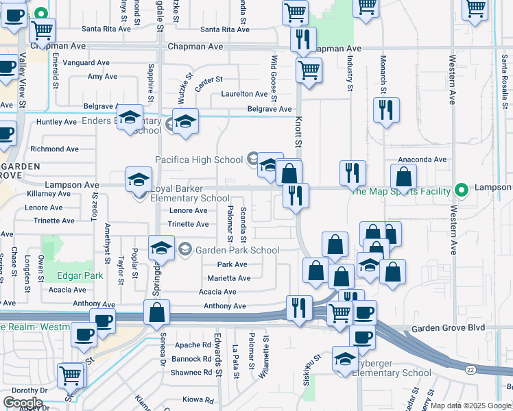 map of restaurants, bars, coffee shops, grocery stores, and more near 6846 Coral Gum Court in Garden Grove