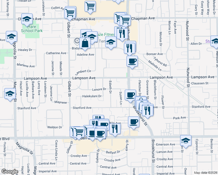 map of restaurants, bars, coffee shops, grocery stores, and more near 12581 Edieth Drive in Garden Grove
