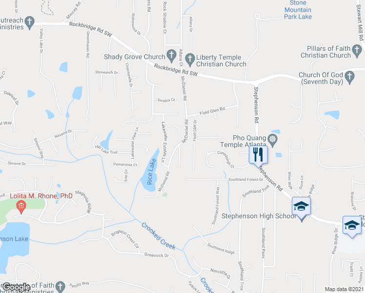 map of restaurants, bars, coffee shops, grocery stores, and more near 706 Trigg Lake Court in Stone Mountain