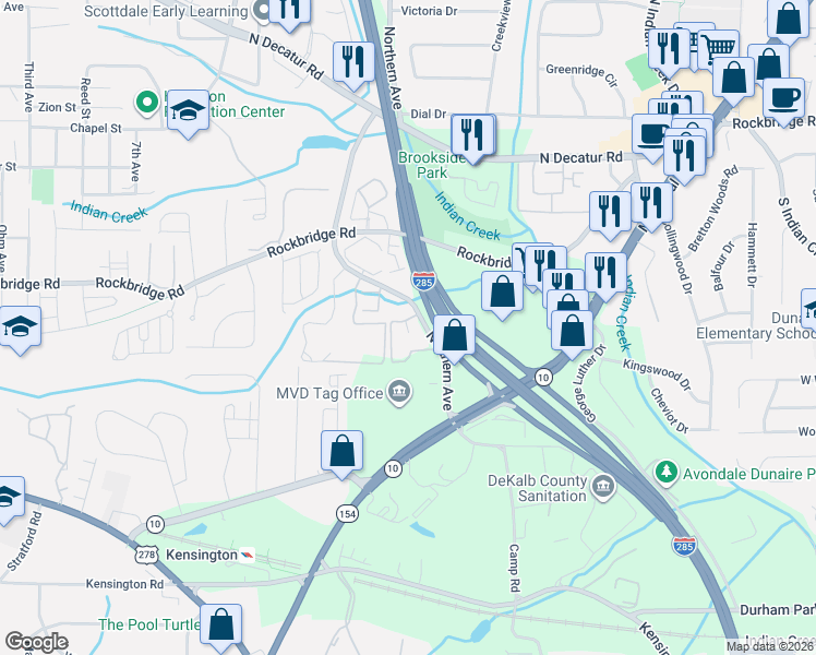 map of restaurants, bars, coffee shops, grocery stores, and more near 260 Northern Avenue in Avondale Estates