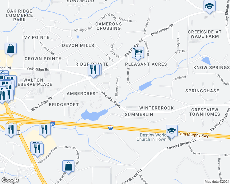 map of restaurants, bars, coffee shops, grocery stores, and more near 7262 Silverton Trail in Austell
